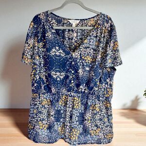 Market & Spruce Pullover Top XL Blue Floral V-Neck Cottagecore Summer Chic Flowy